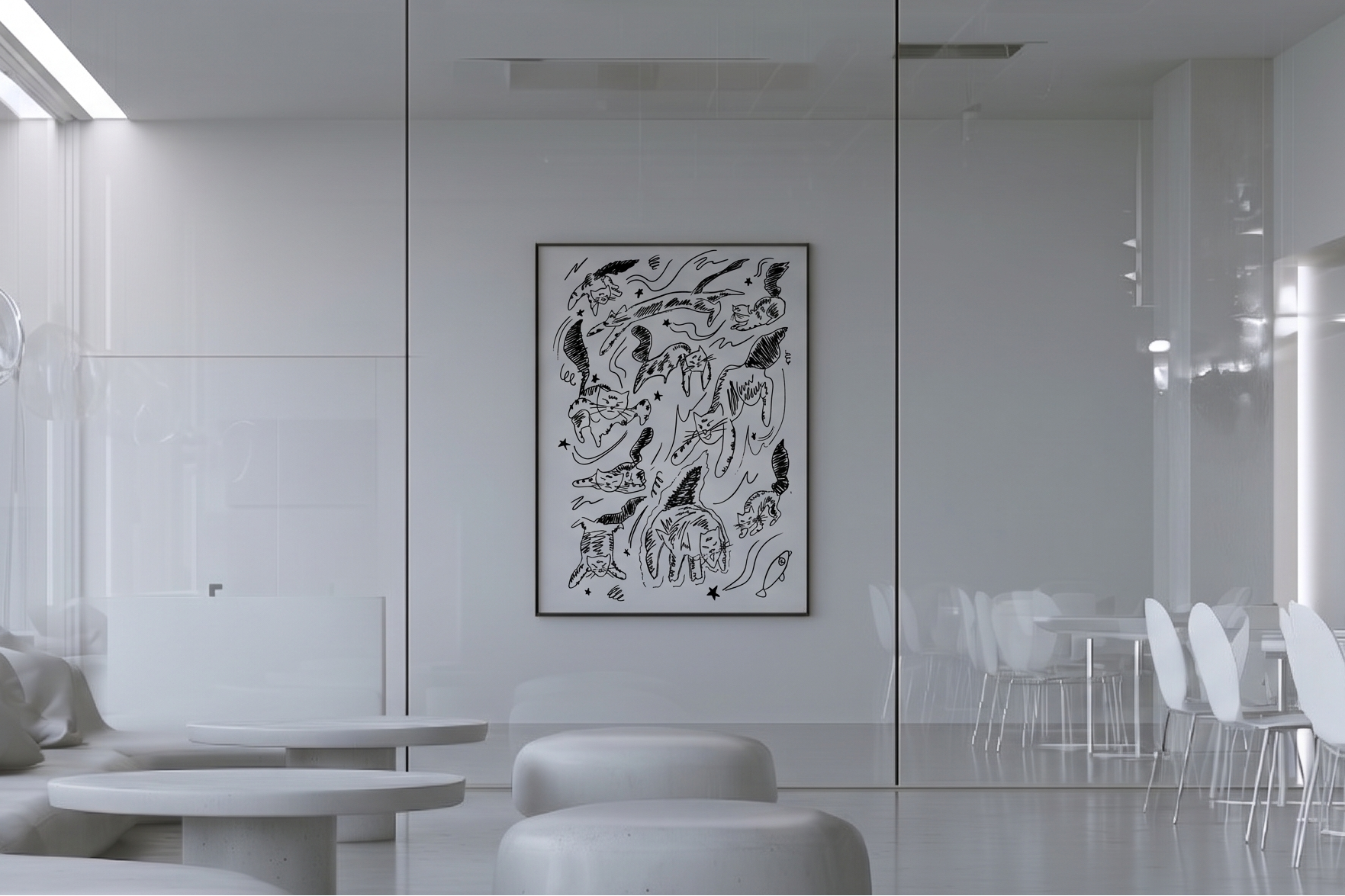A modern minimalist interior with a white curved sofa, low round tables, pendant lights, and a black-and-white abstract framed artwork on a glass wall. The room is bright and airy with reflective flooring and dining furniture visible in the background.